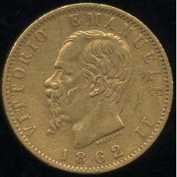 Italy 20 lire 1862, Vittorio Emanuele II, AU 900